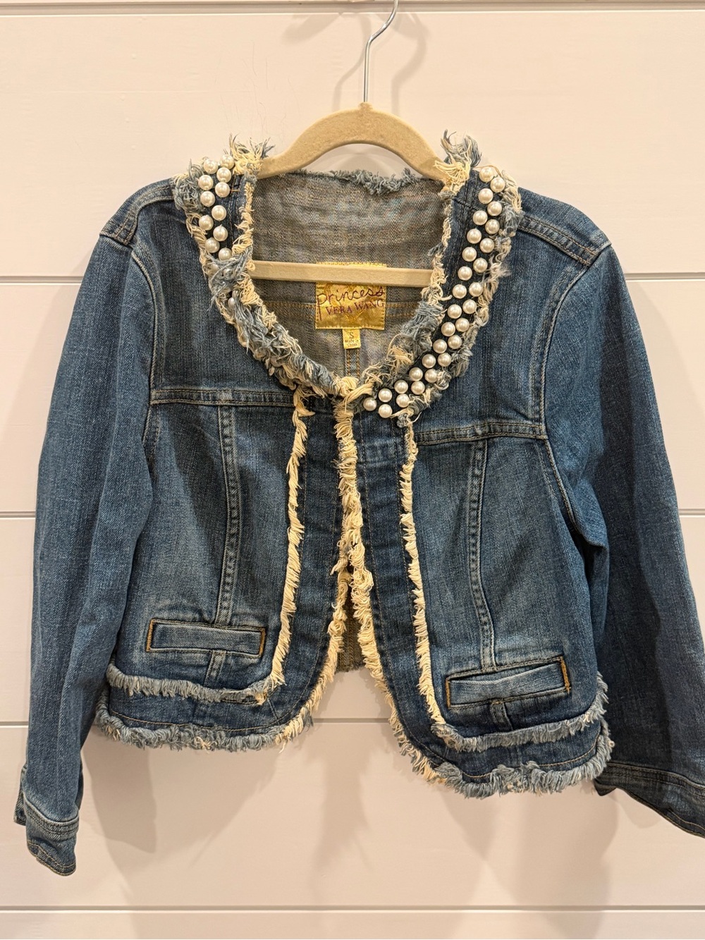 Vera Wang Blue Denim Jacket with Cream Fringe and Pearl Trim